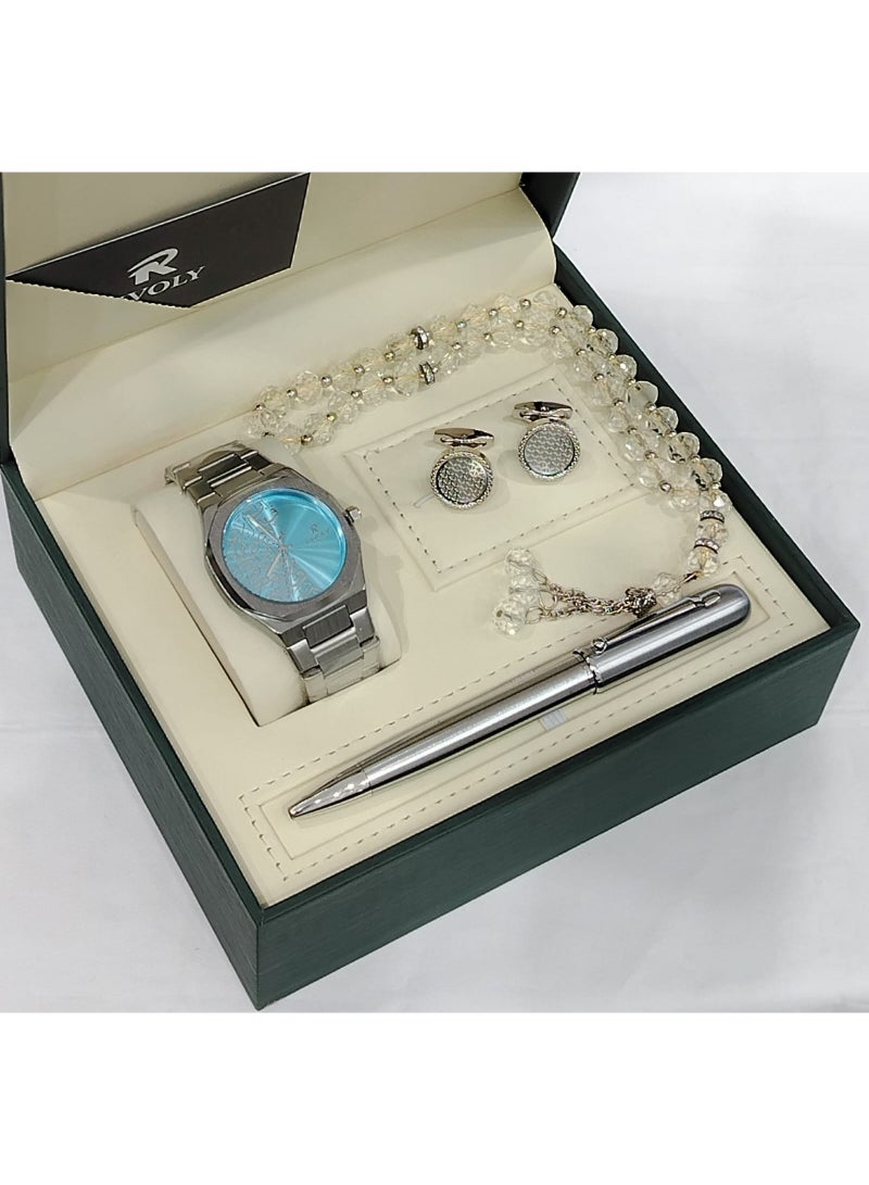 A men's set from the Rivoly brand consisting of a wristwatch decorated with Arabic inscriptions, a pen, a rosary, and a pair of cufflinks in a luxurious gift box.